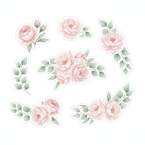 Set of 6 watercolor floral bouquet die-cut stickers with roses, peonies and eucalyptus in pastel pink and green on white background