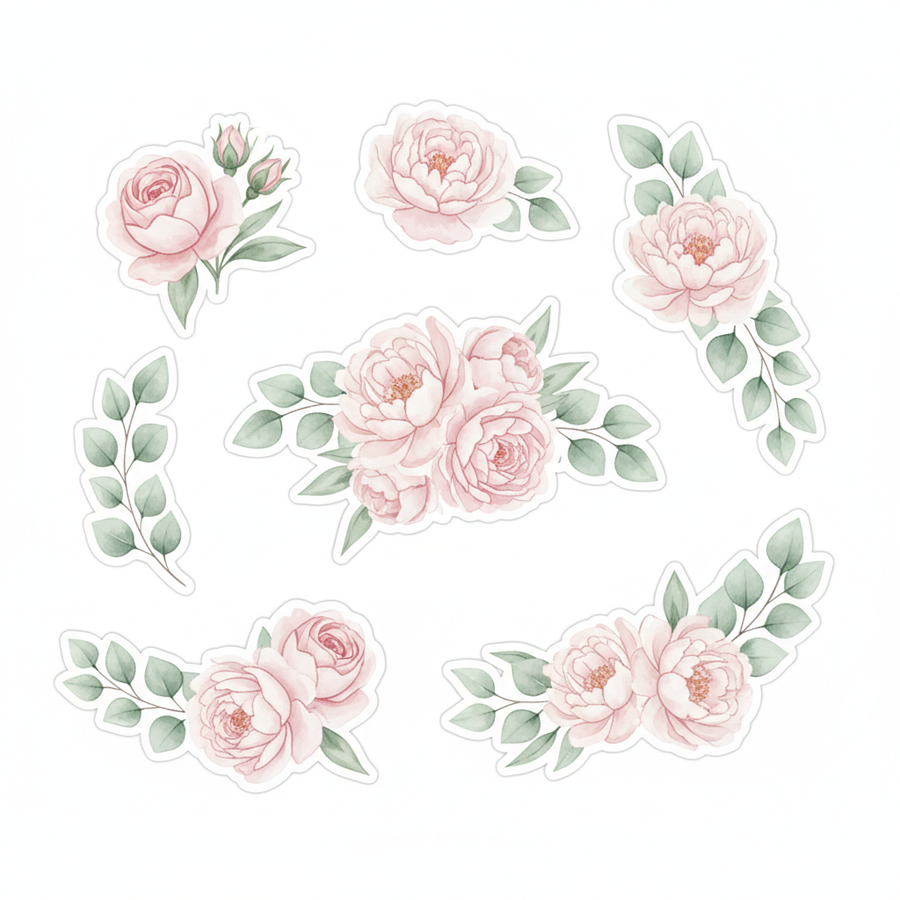 Set of 6 watercolor floral bouquet die-cut stickers with roses, peonies and eucalyptus in pastel pink and green on white background