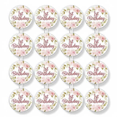 Set of 12 round acrylic cupcake toppers with pink and gold floral design and 1st Birthday text on white background