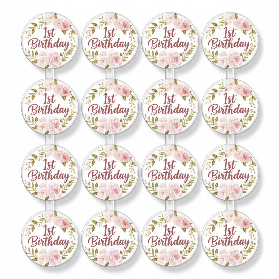 Set of 12 round acrylic cupcake toppers with pink and gold floral design and 1st Birthday text on white background