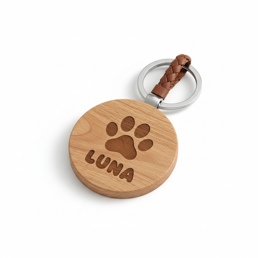 Round wooden keychain with paw print and pet name LUNA engraved in playful font on white background