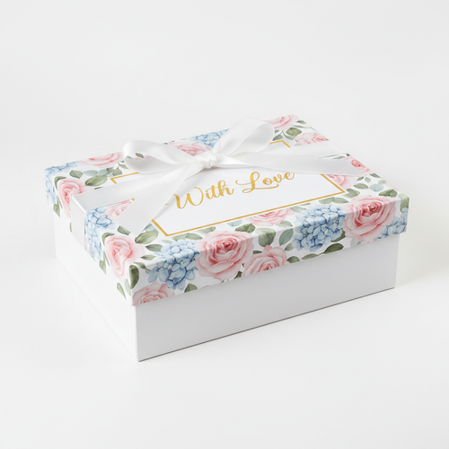 White rigid gift box with custom floral pattern lid and With Love gold foil text with satin ribbon bow on white background
