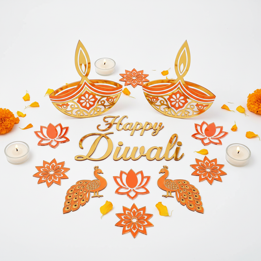 Laser cut acrylic diya and Happy Diwali text decoration in gold and orange with intricate floral patterns on white background