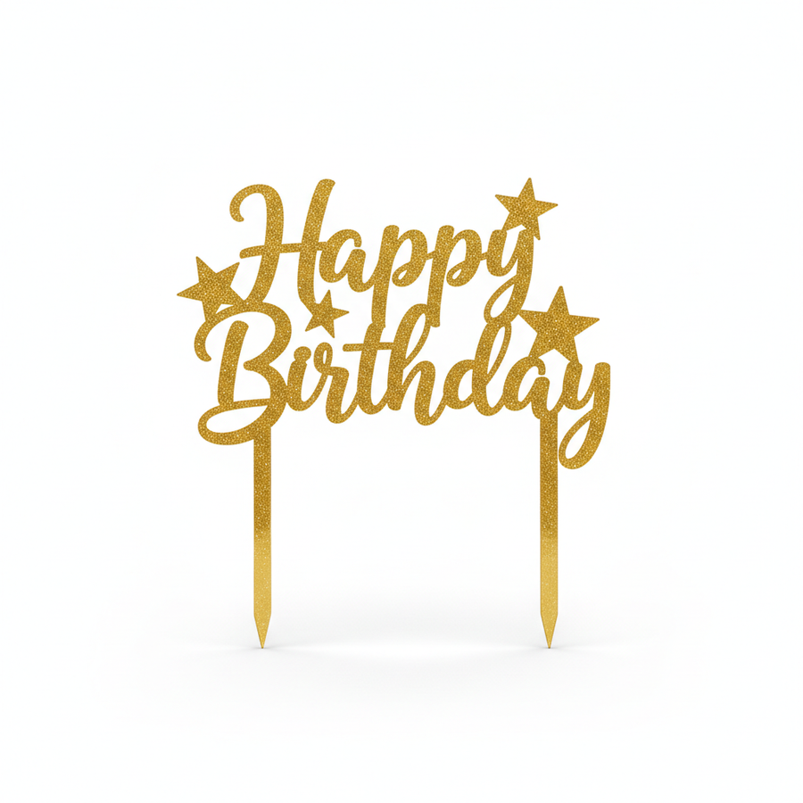 Elegant gold glitter Happy Birthday script acrylic cake topper with star accents on white background