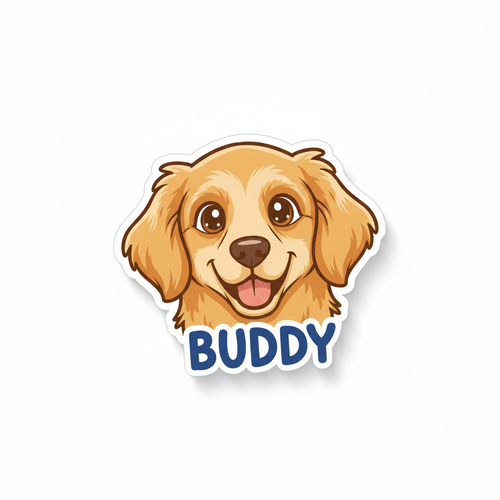 Custom pet portrait sticker of a golden retriever named Buddy in cute cartoon style on white background