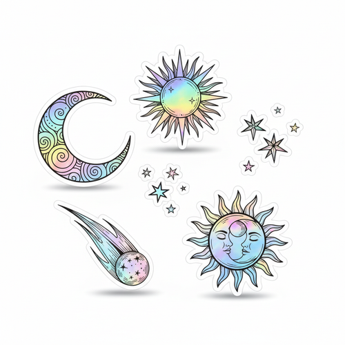Set of 5 iridescent holographic celestial die-cut stickers with moon stars and sun in rainbow shimmer finish on white background