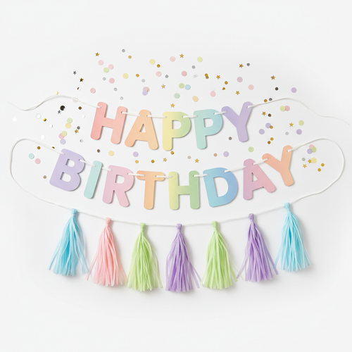 Pastel rainbow Happy Birthday letter banner with tassels and confetti accents on white background