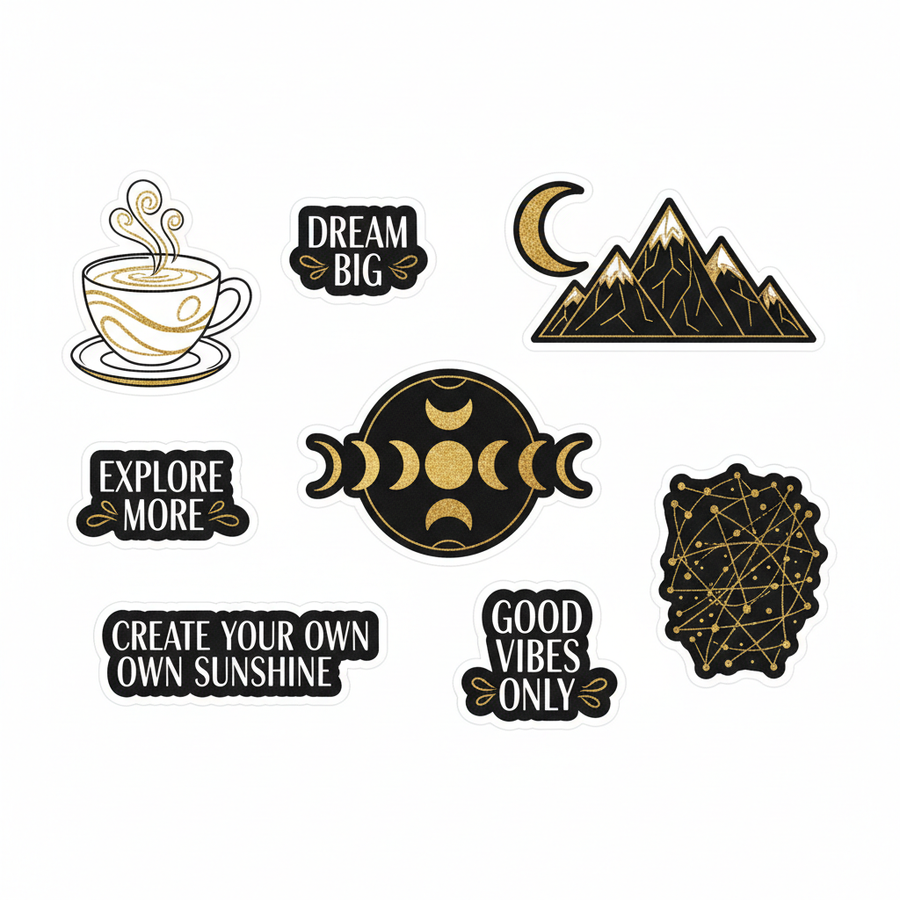 Set of 8 minimalist black and gold aesthetic die-cut stickers with coffee cup, mountains, moon phases and quotes on white background