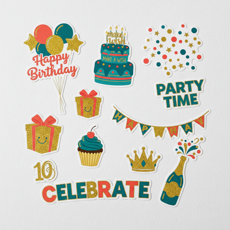 Set of 10 festive birthday die-cut stickers with balloons confetti cake and Happy Birthday text in coral gold and teal on white background
