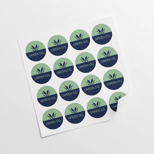 Sheet of 12 identical circular business logo stickers for GREEN CO in navy and sage green on white background