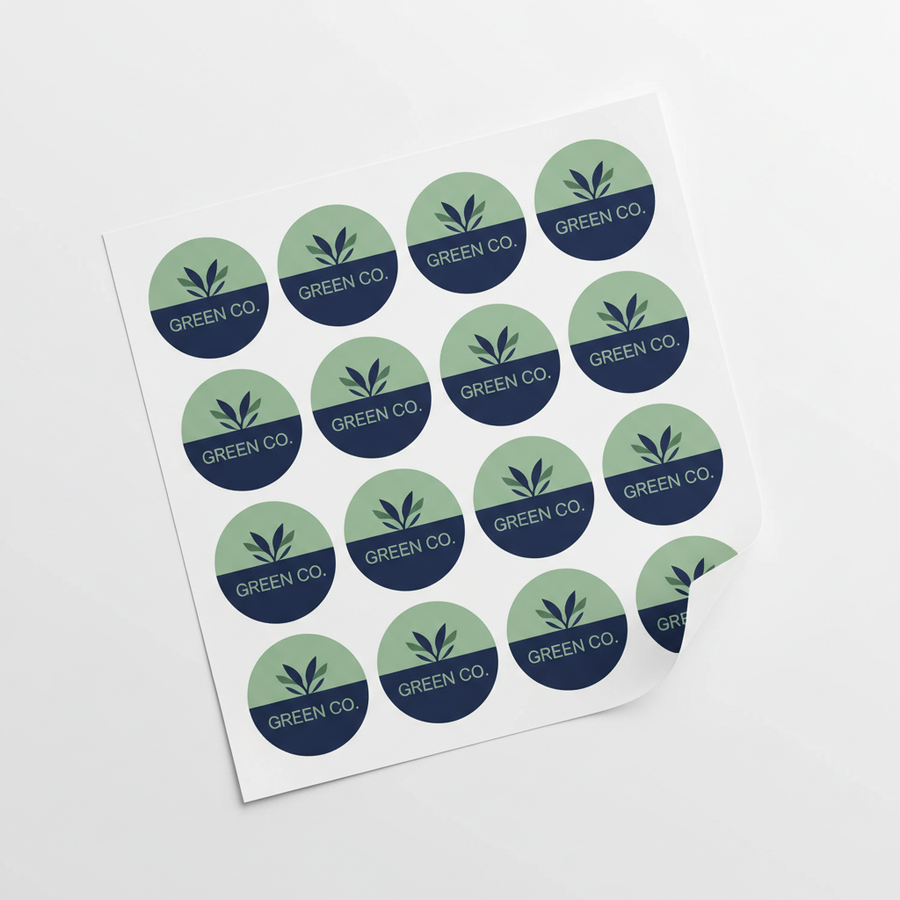 Sheet of 12 identical circular business logo stickers for GREEN CO in navy and sage green on white background