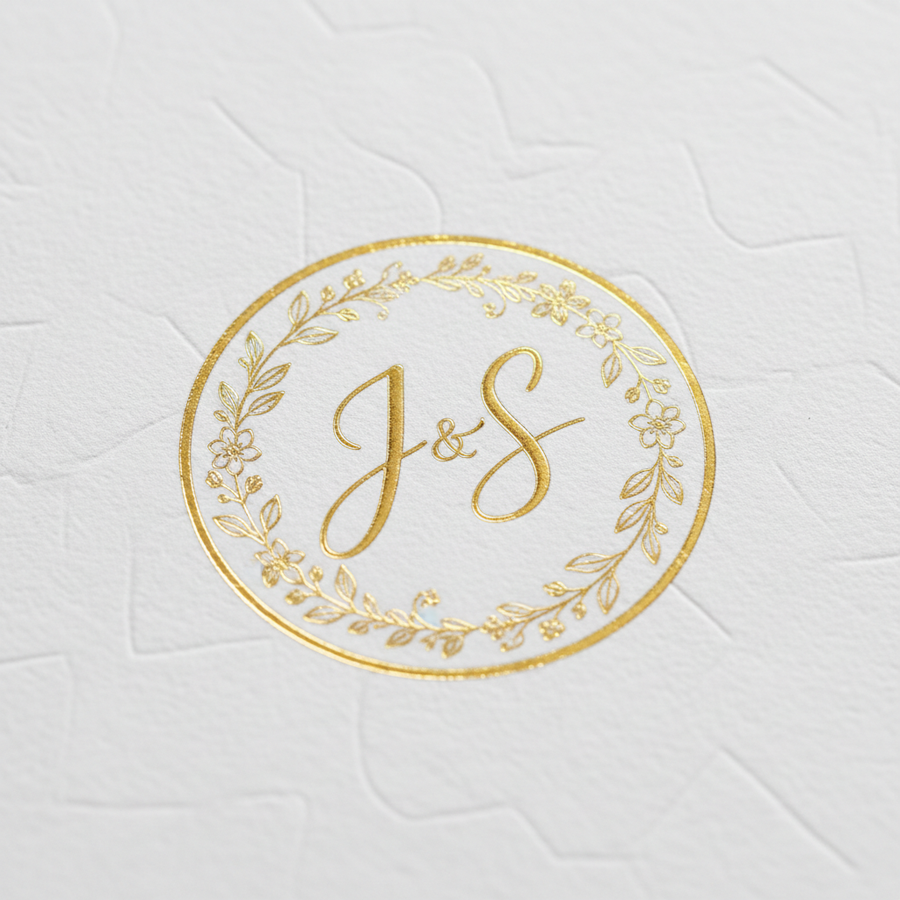 Custom wedding monogram sticker with intertwined initials J and S in gold foil floral wreath on white background