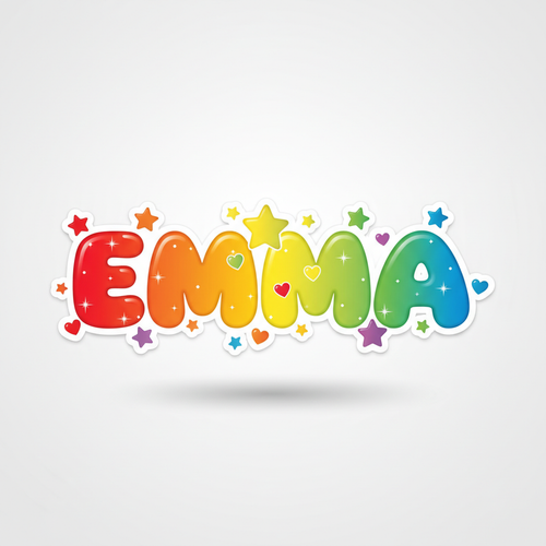 Personalized kids name sticker with EMMA in colorful rainbow bubble letters with stars and hearts on white background