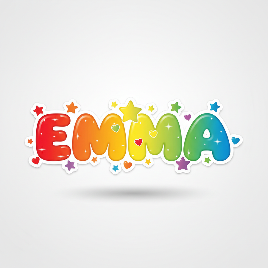 Personalized kids name sticker with EMMA in colorful rainbow bubble letters with stars and hearts on white background