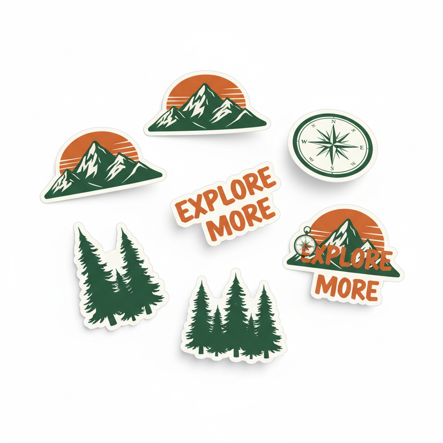 Set of 6 adventure themed die-cut stickers with mountains compass pine trees and Explore More text in earthy burnt orange forest green and cream on white background